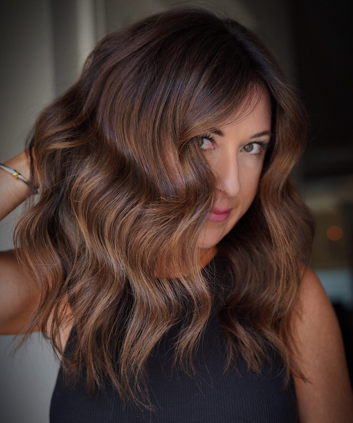 Dark Caramel Hair Color on Long Bob