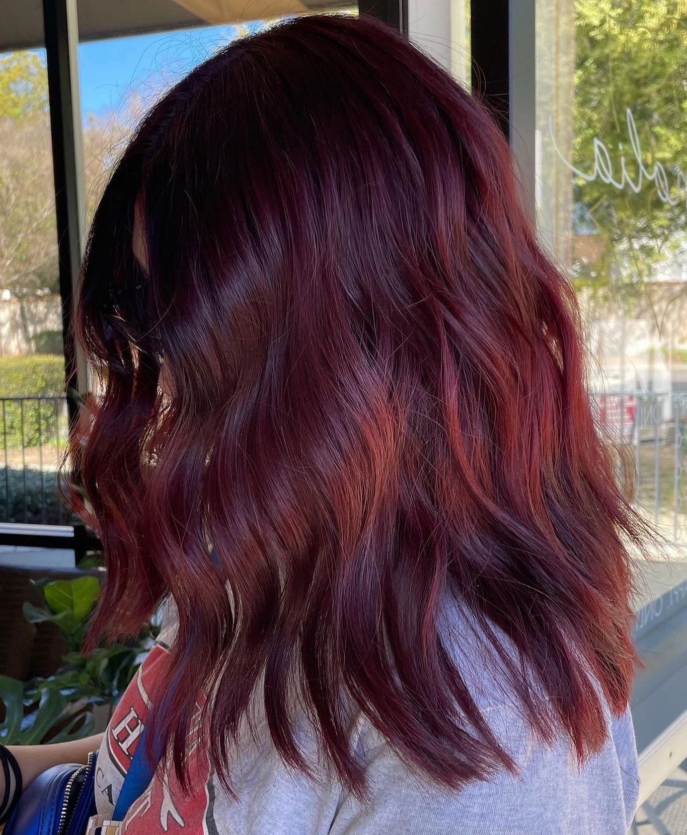 Dark Cherry Blonde Hair Color on Long Bob