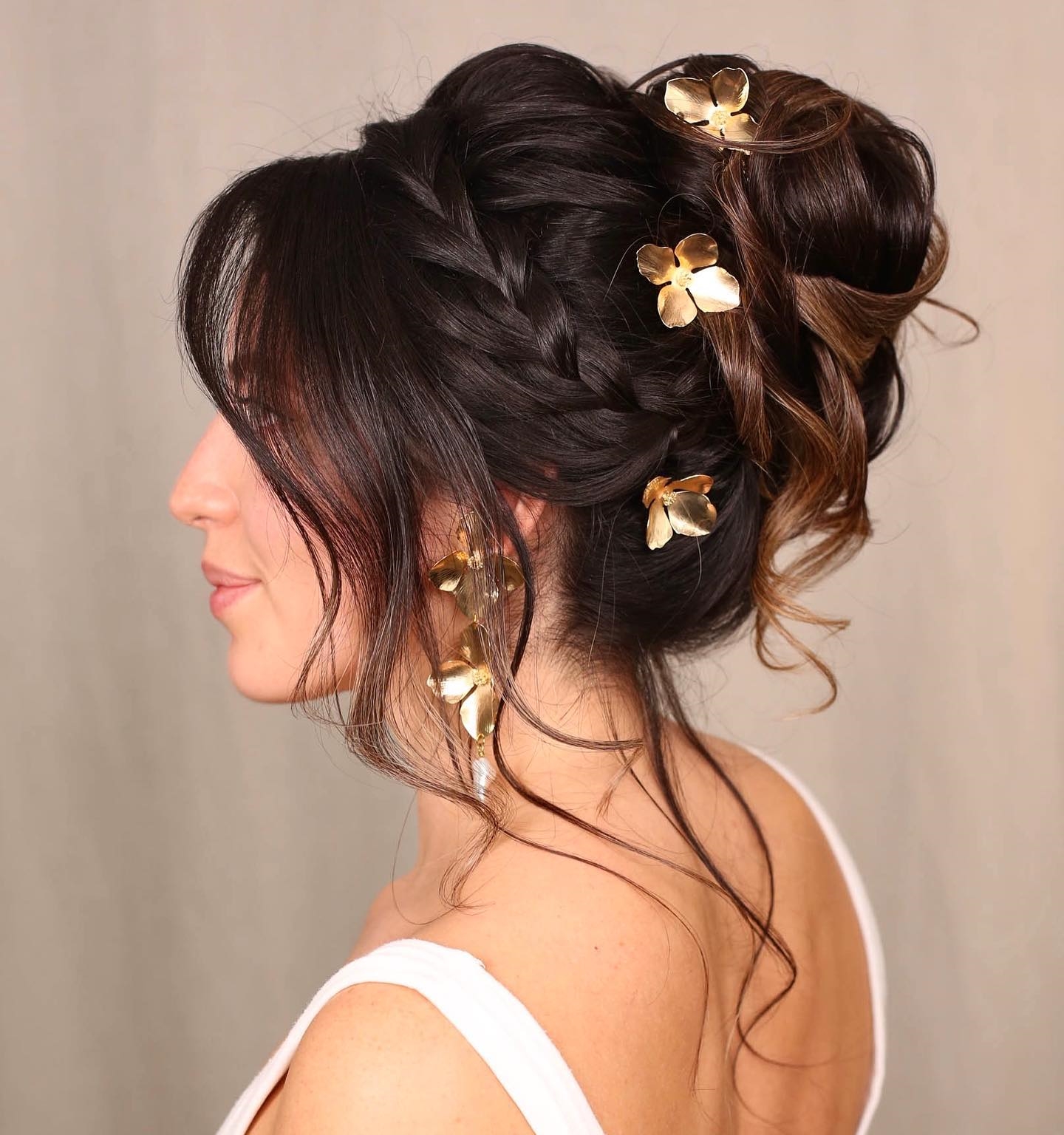 Dark Hair Wedding Braided Bun with Gold Floral Decor