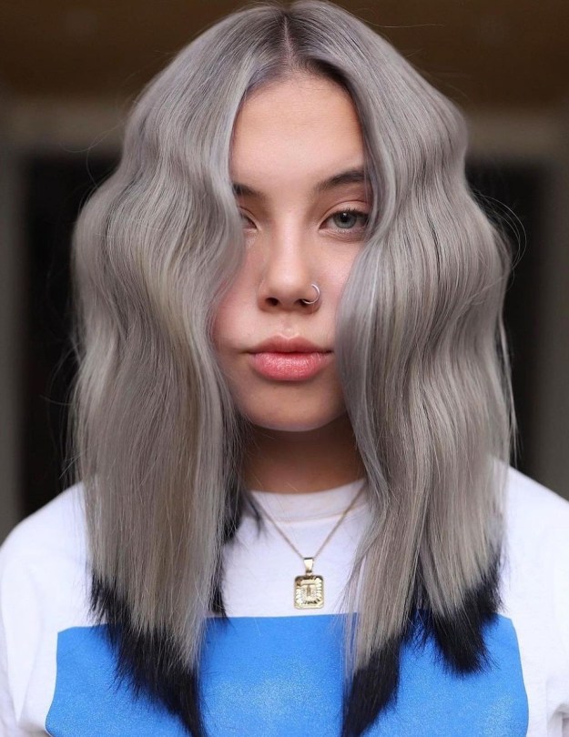Gray Hair with Black Block Color on Tips