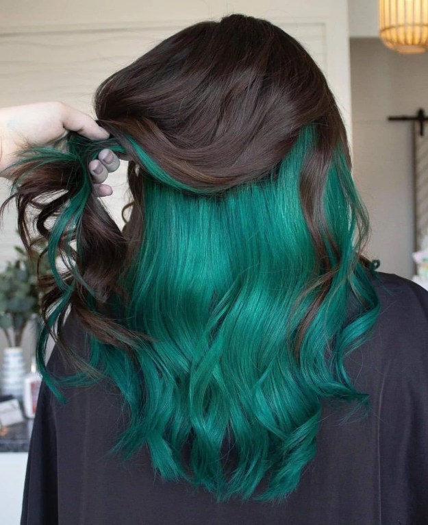 Green Half Dyed Hair Underneath Brown Hair