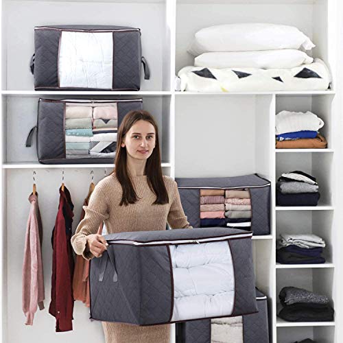 Lifewit Large Capacity Clothes Storage Bag Organizer with Reinforced Handle Thick Fabric for Comforters, Blankets, Bedding, Foldable with Sturdy Zipper, Clear Window, 3 Pack, 90L, Grey