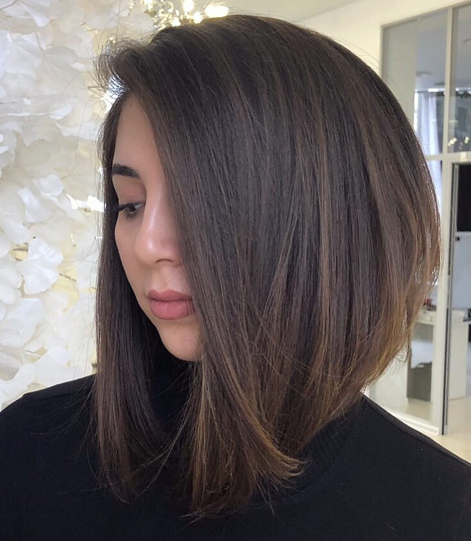 Long Angled Brunette Bob With Subtle Highlights