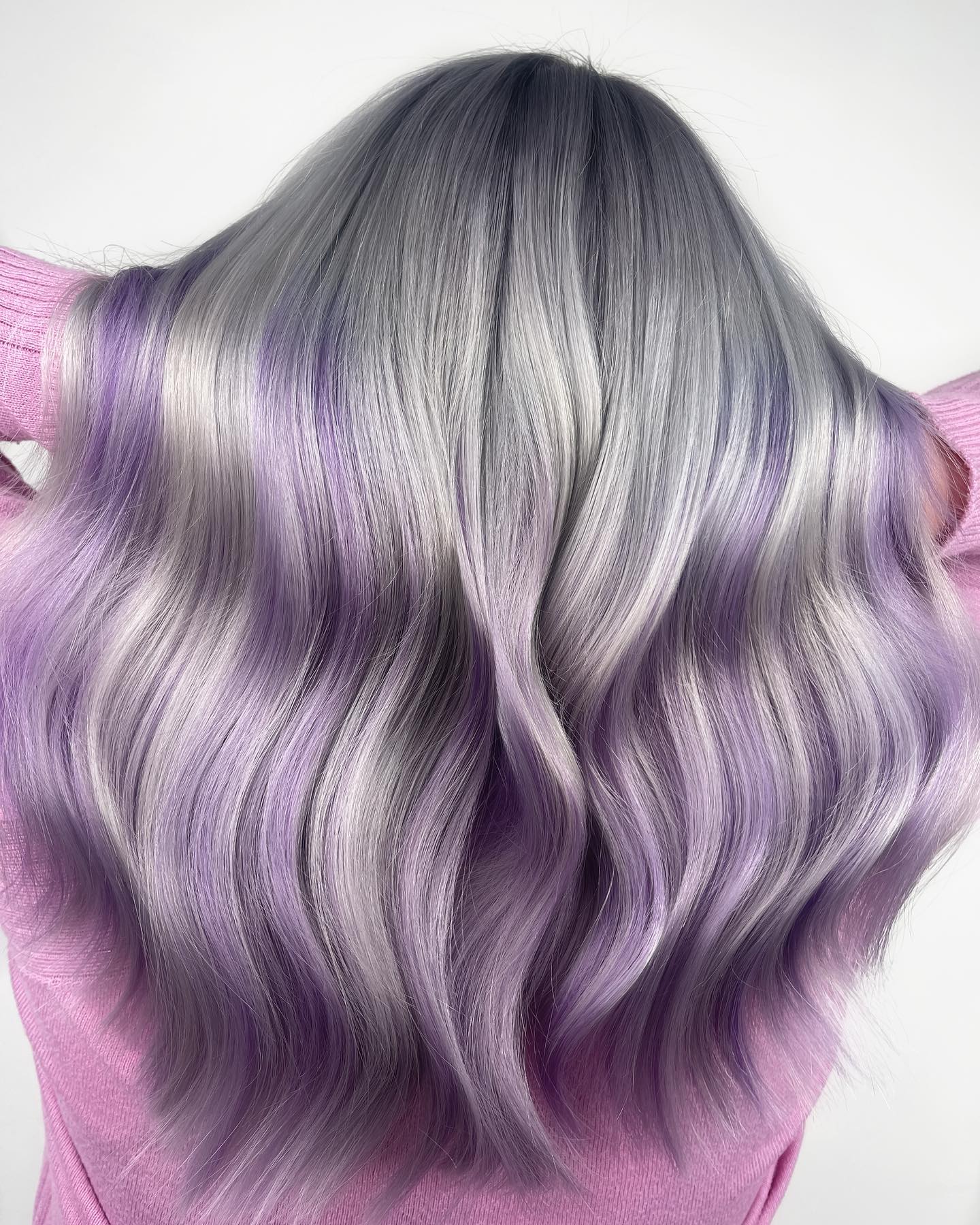 Long Ash Gray Ombre Hair Color with Lavender Tone