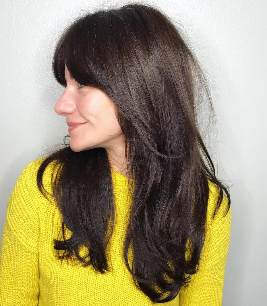 Long Dark Brown Hairstyle With Curtain Bangs
