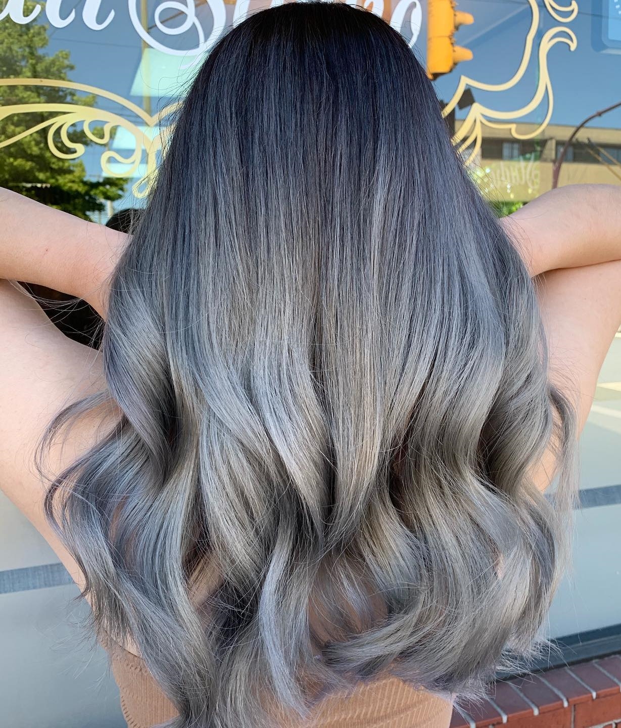 Long Gray Ombre Hair with Dark Roots