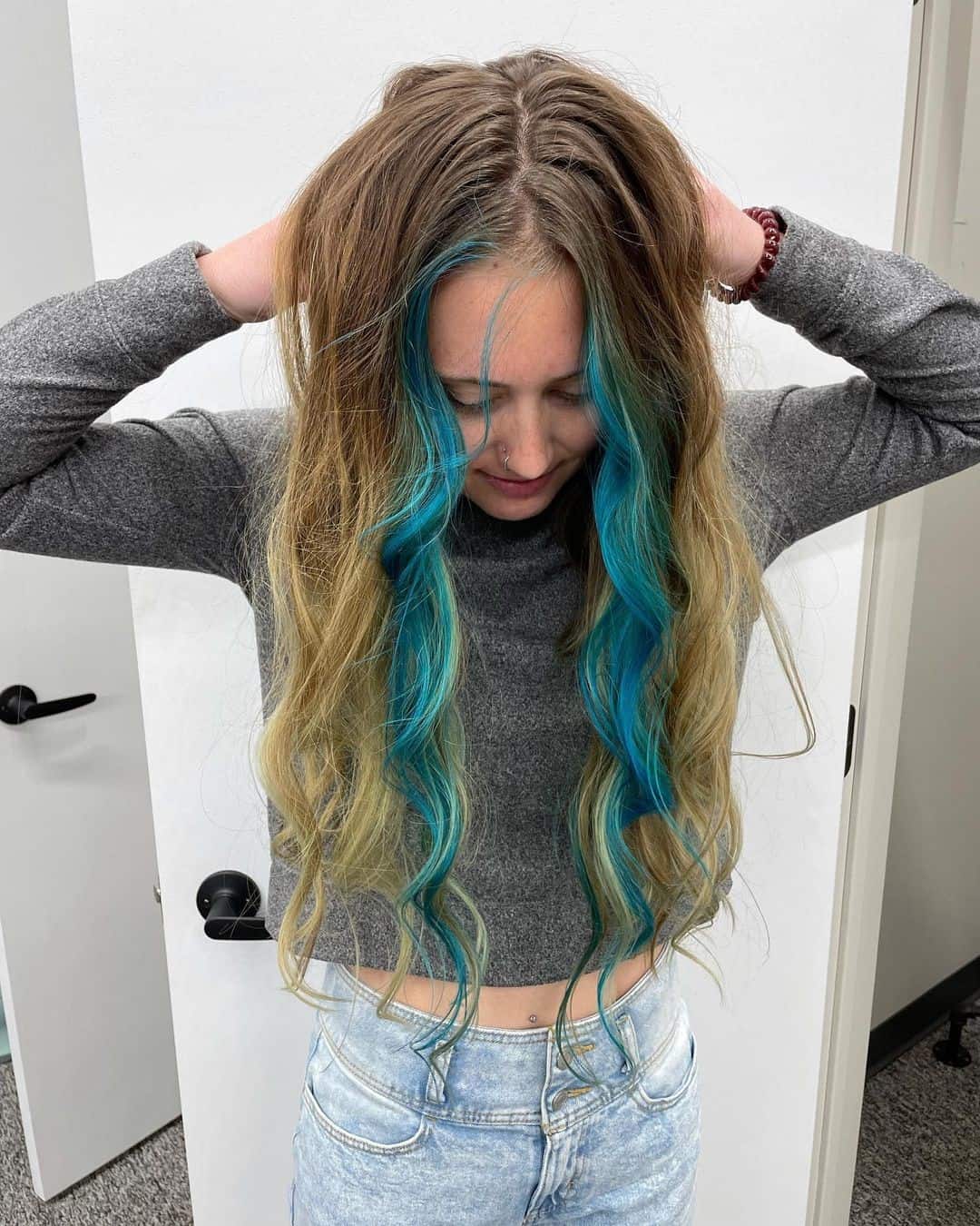 Long Hair Money Piece With Blue Highlights