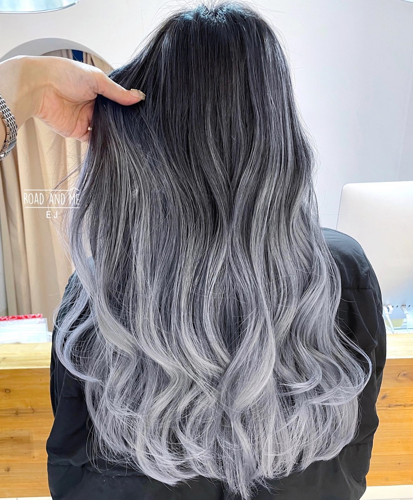 Long Hair with Black Roots and Gray Ombre Hair Ends
