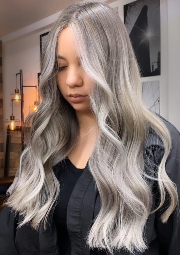 Long Silver Hair with Face Framing Highlights