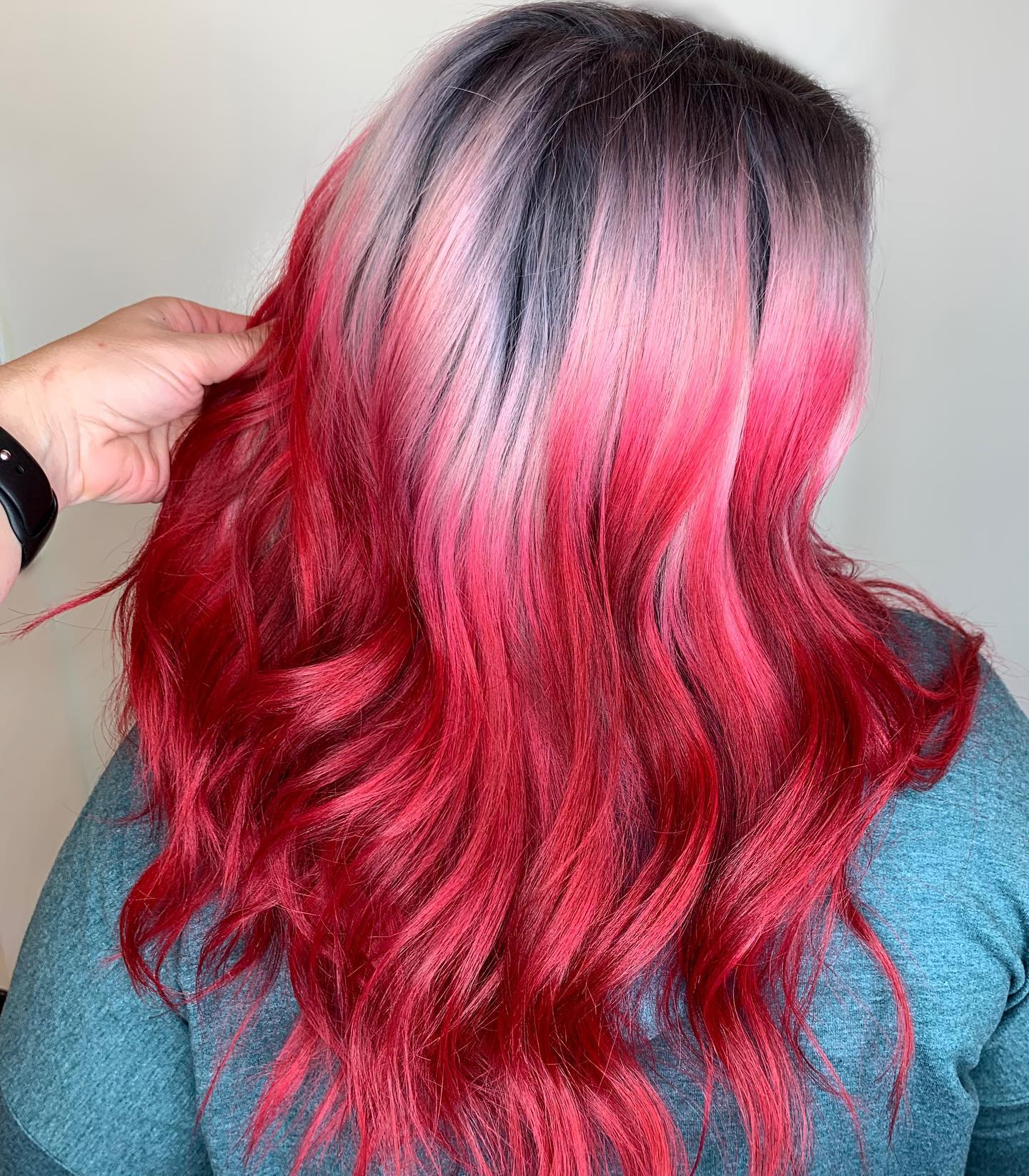 Long Silver-to-Red Ombre Hair Color