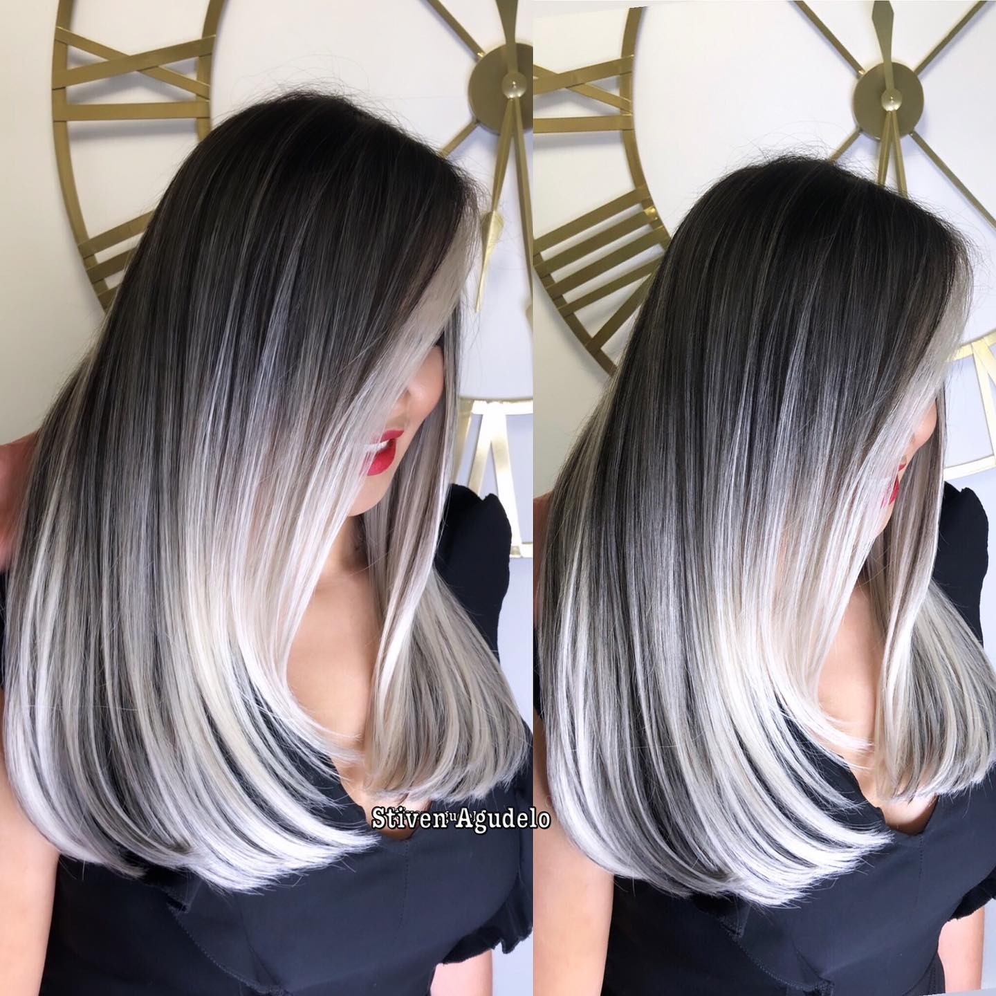 Long Straight Ash Hair Color with Dark Roots