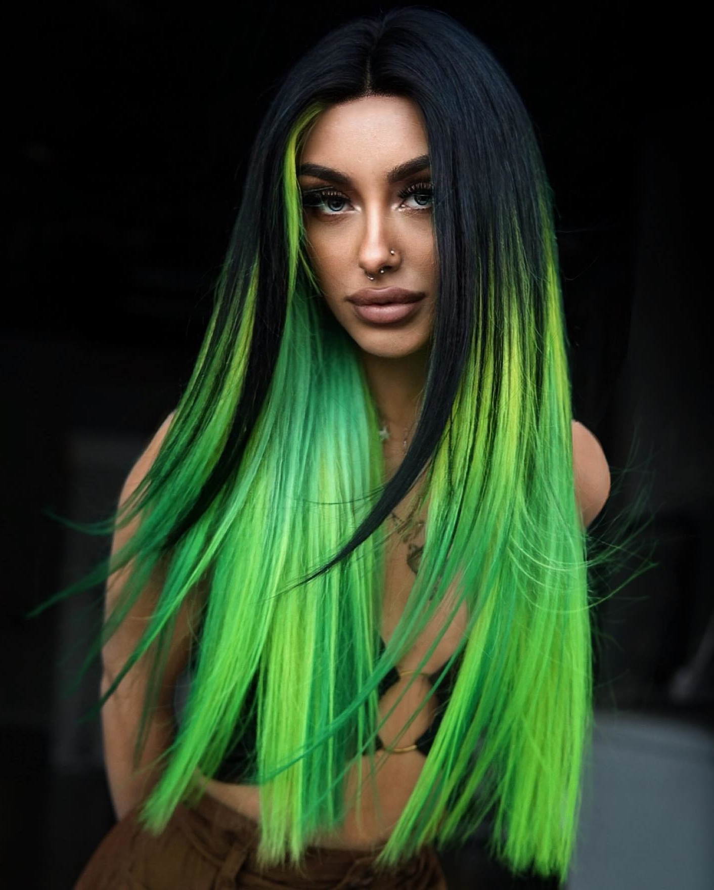 Long Straight Black-to-green Fade Hair