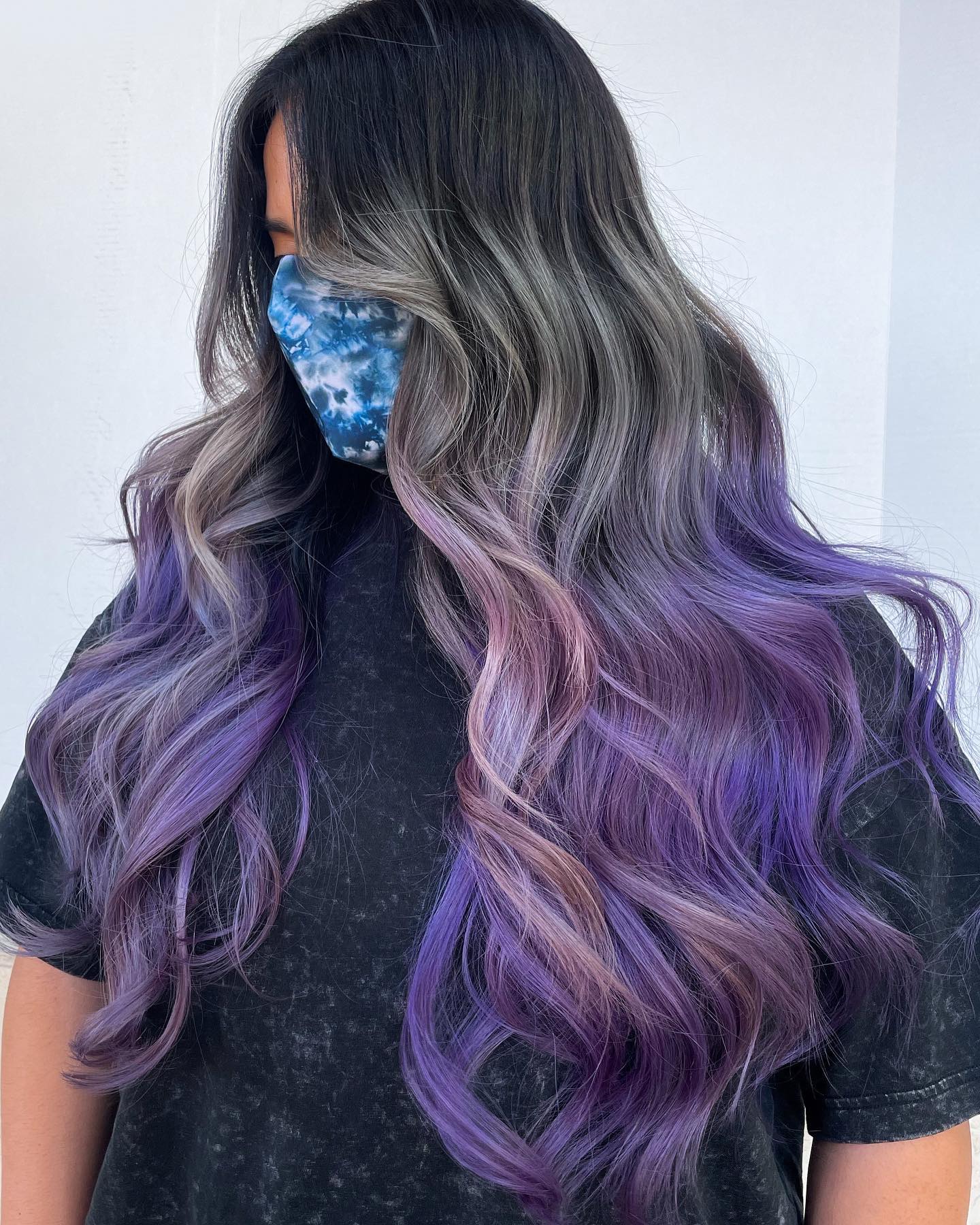 Long Wavy Dark Gray and Violet Ombre Hair Color