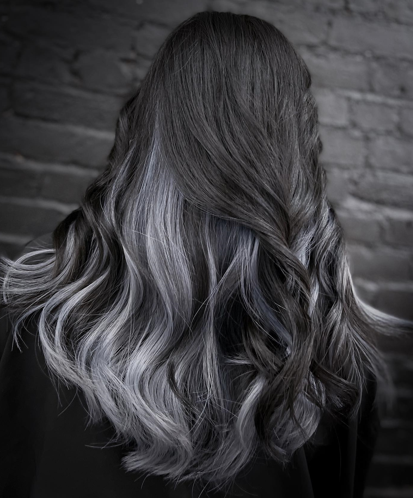 Long Wavy Hair with Dark Roots and Dark Gray Ombre