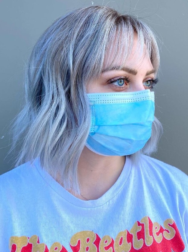 Medium Bob with Bangs with Silver and Blue Highlights