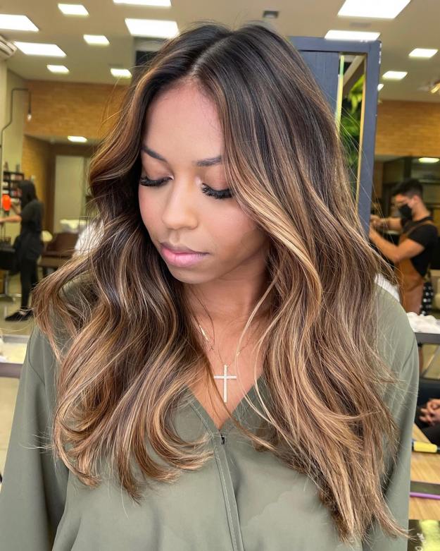 Medium Length Straight Natural Hair with Caramel Highlights