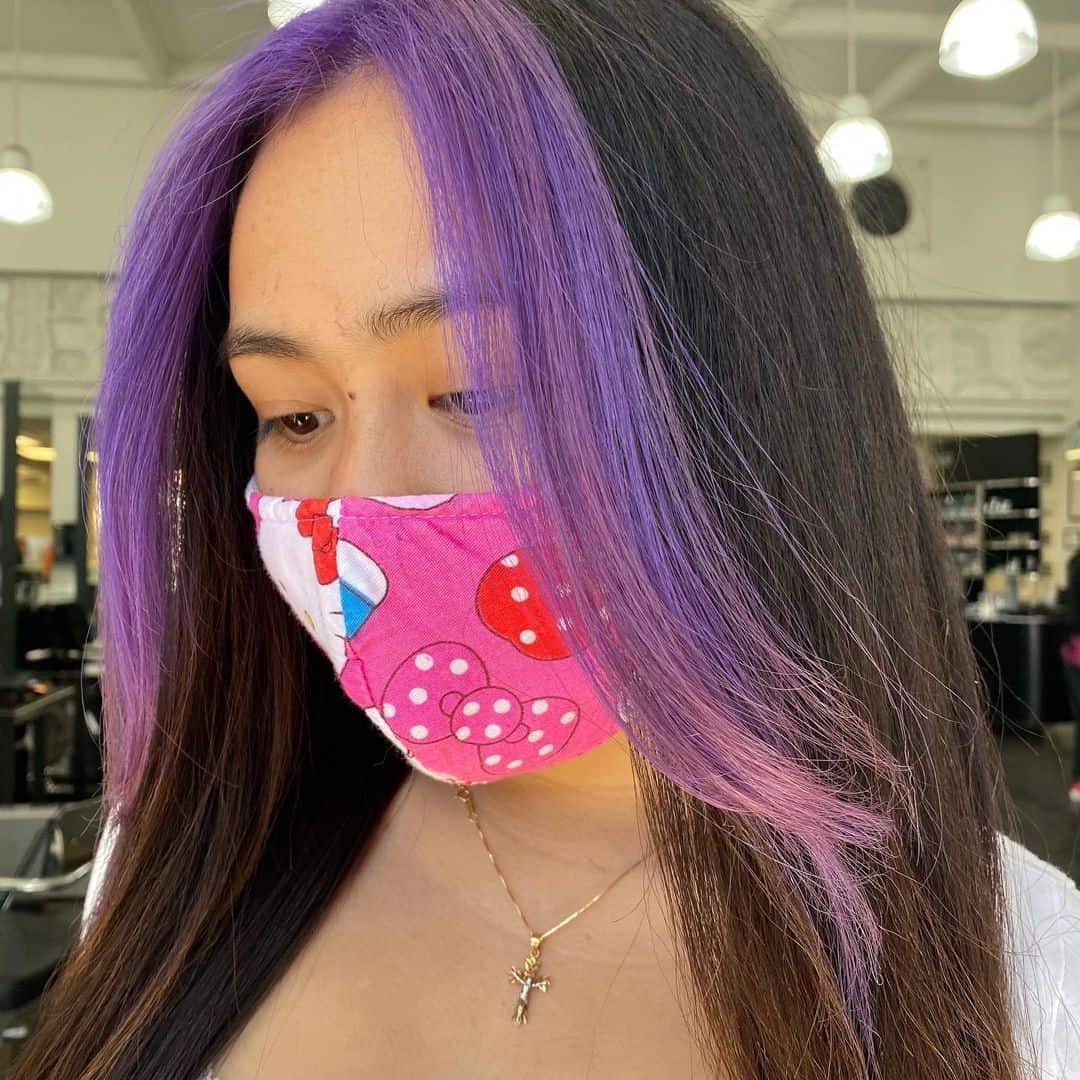 Purple Highlights Money Piece On Brown Hair