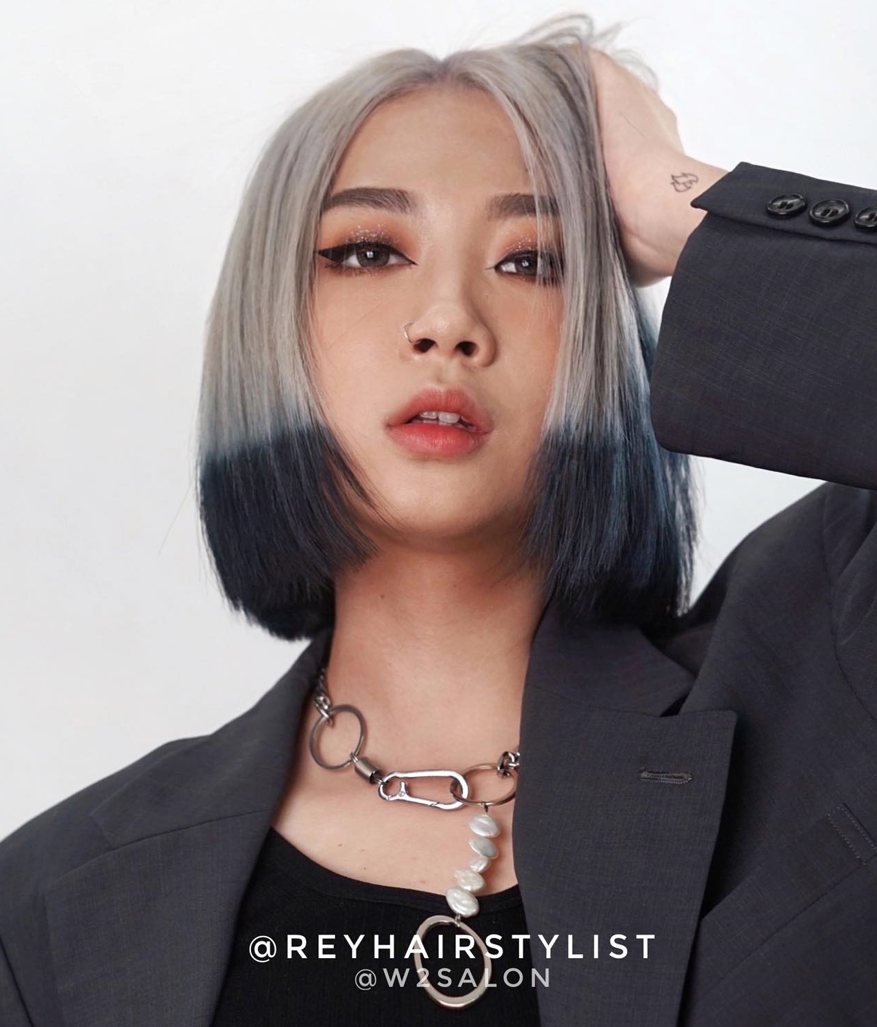 Short Bob Cut with Silver-to-Dark Ombre Hair