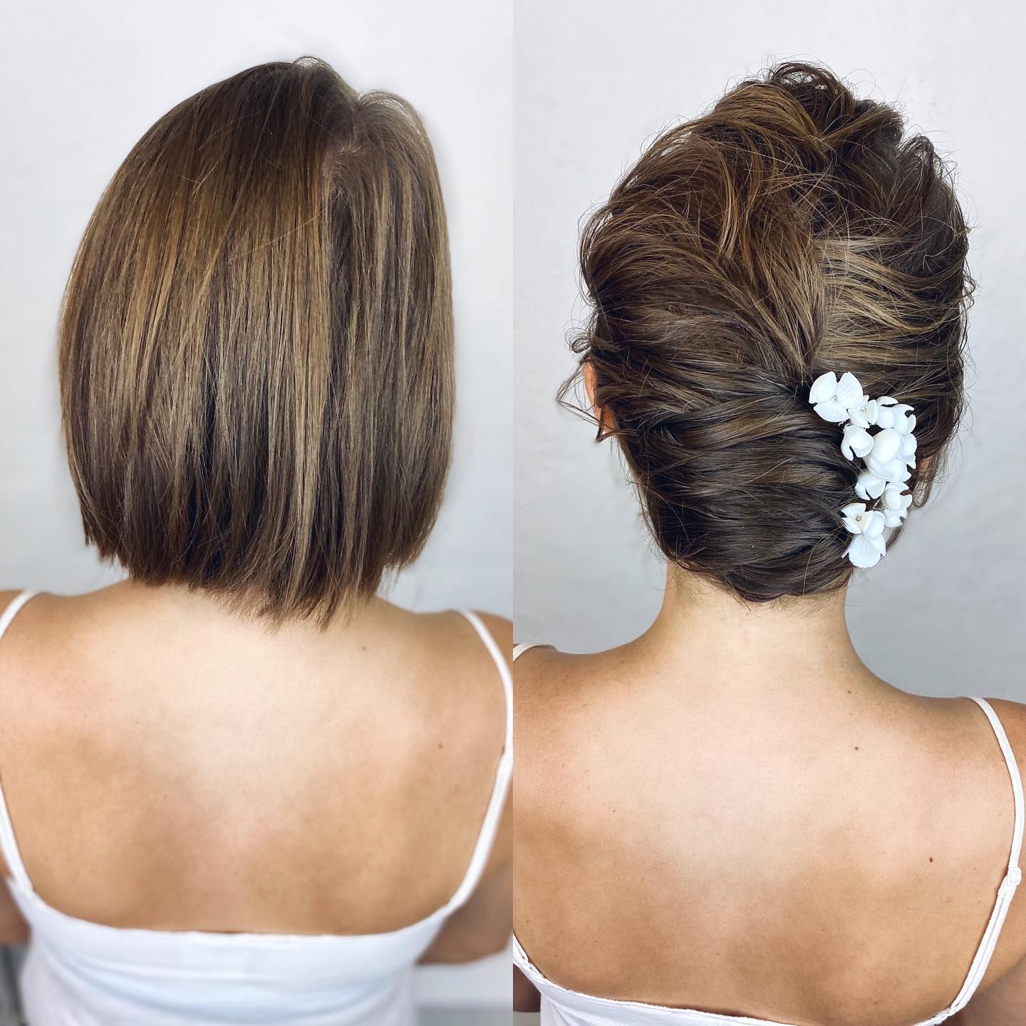 Short Dark Wedding Hairstyle with Side Floral Decor