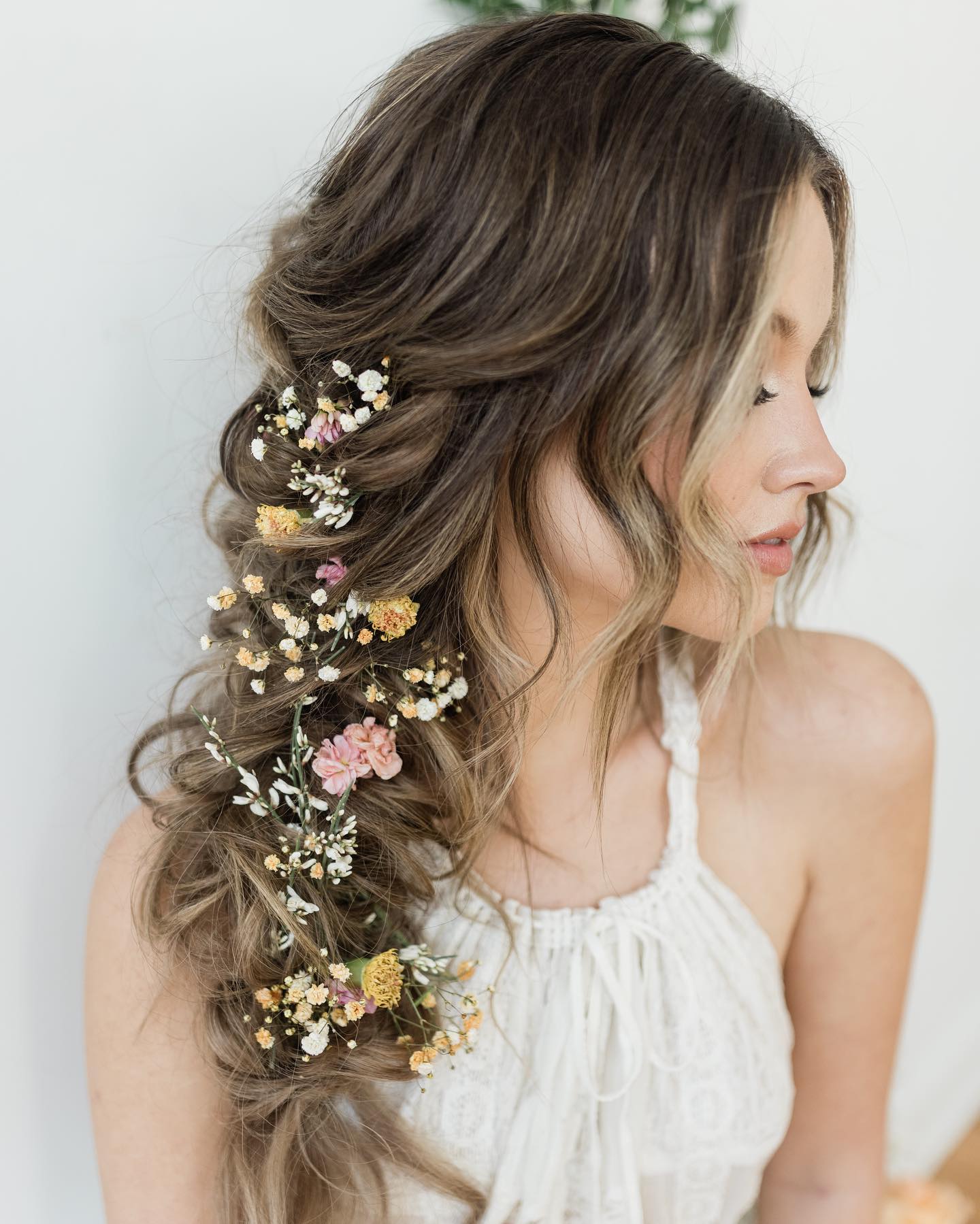 Side Wedding Fishtail Braid with Spring Flowers