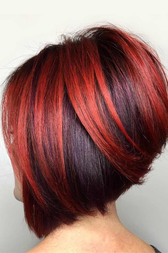 Stacked Bob With Red Highlights #bobhaircut #stackedbob #haircuts