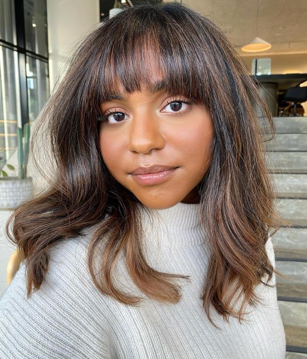 Straight Highlighted Natural Hair with Bangs and Body Waves