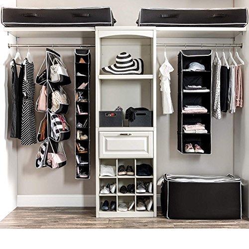 Zober 5-Shelf Hanging Closet Organizer - 6 Side Mesh Pockets Breathable Polypropylene Hanging Shelves - for Clothes Storage and Accessories, 12" x 11 ½ " x 42" (Black)