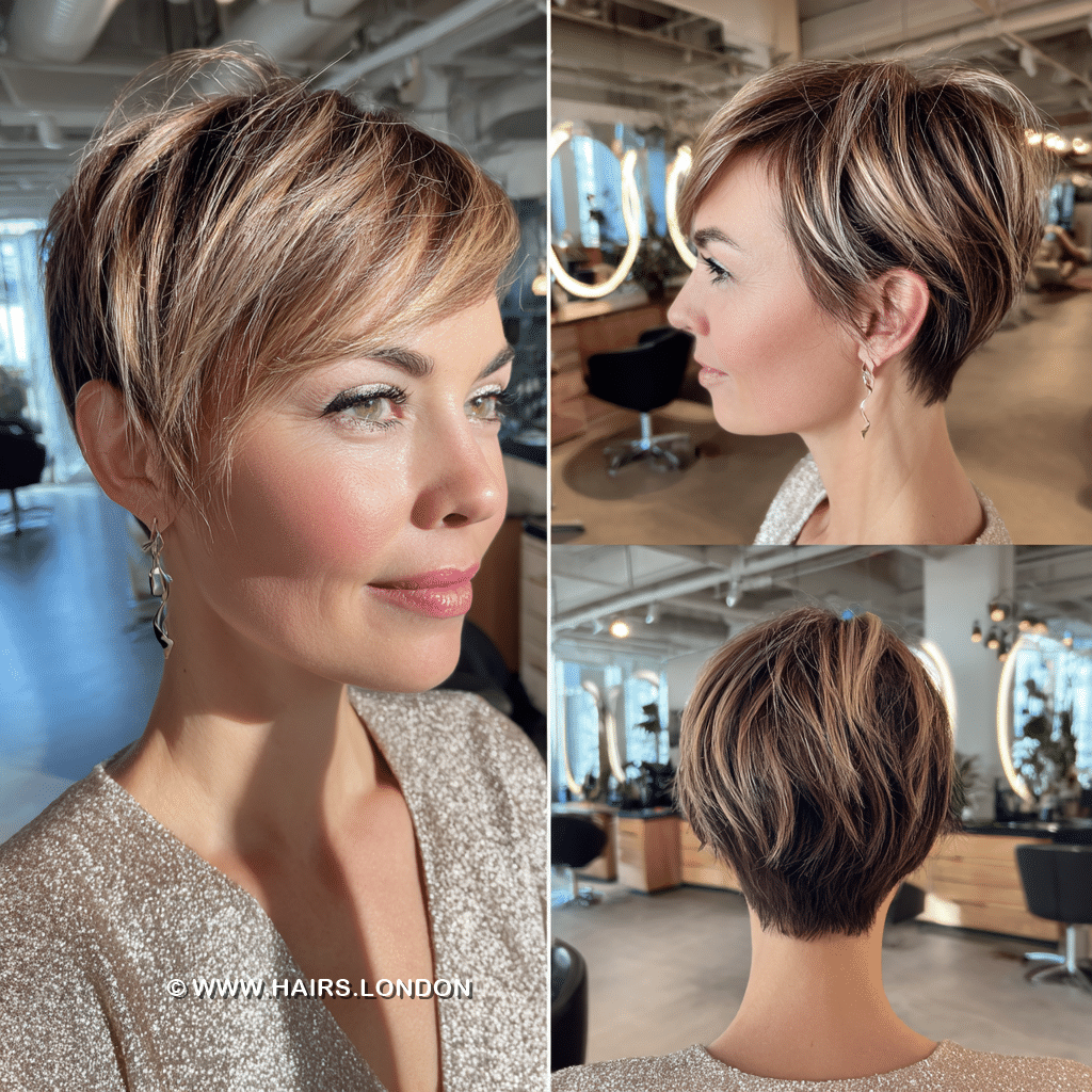 Caramel Highlighted Brunette Pixie Hair