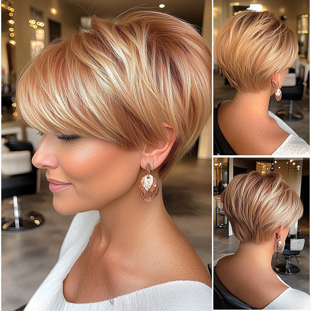 Rose-Toned Long Pixie with Layered Dimension