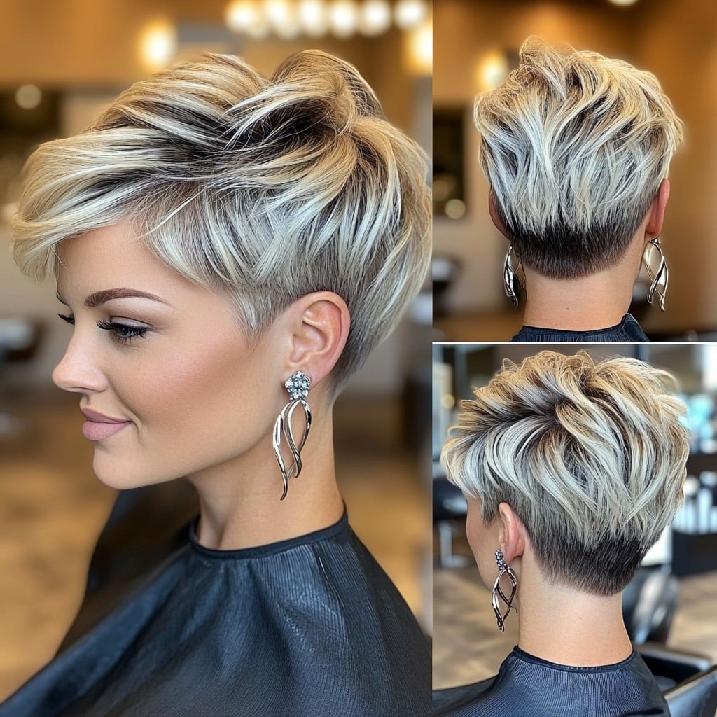 Textured Blonde Pixie with Dark Root Contrast