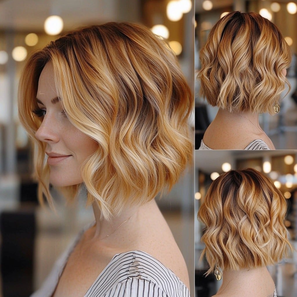 Warm Honey Blonde Wavy Bob Hair