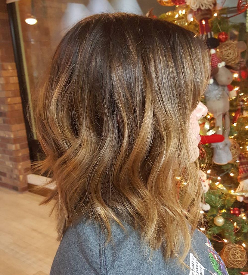 An amazing chocolate brown and caramel lob hair color and cut