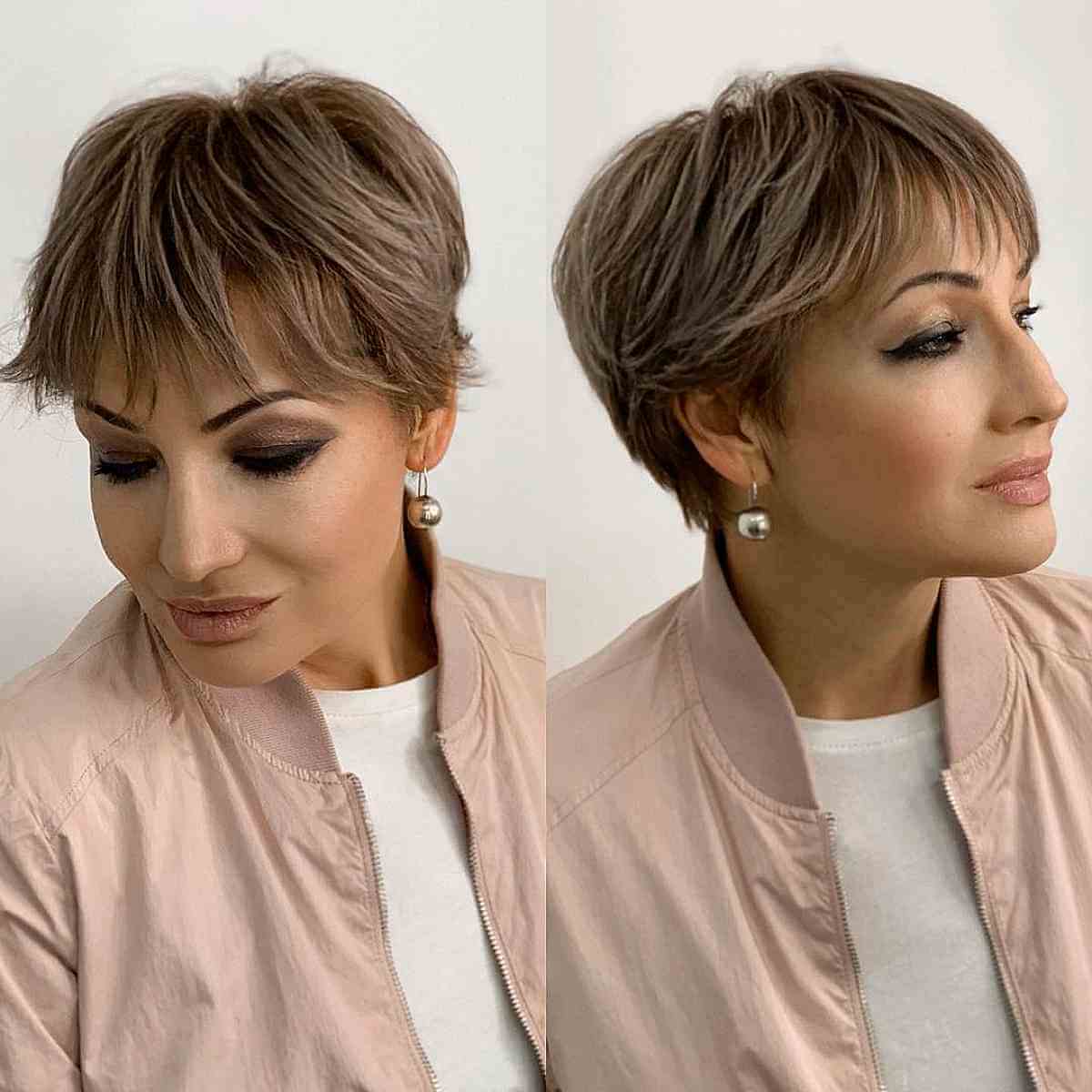 Ash Light Brown on Short Feathered Pixie Hair