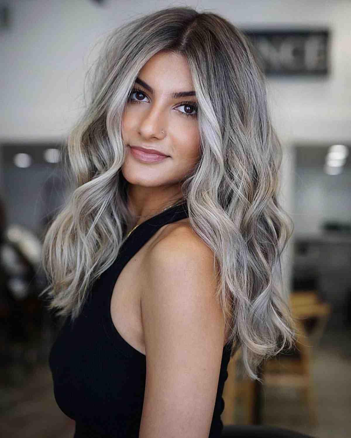 Ashy Blonde Balayage Waves with Dark Roots
