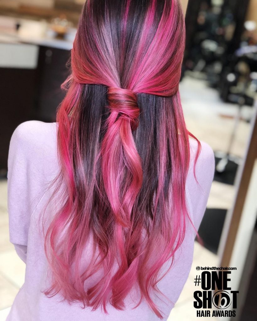 Back Knotted Dark Pink Balayage for Long Straight Hair