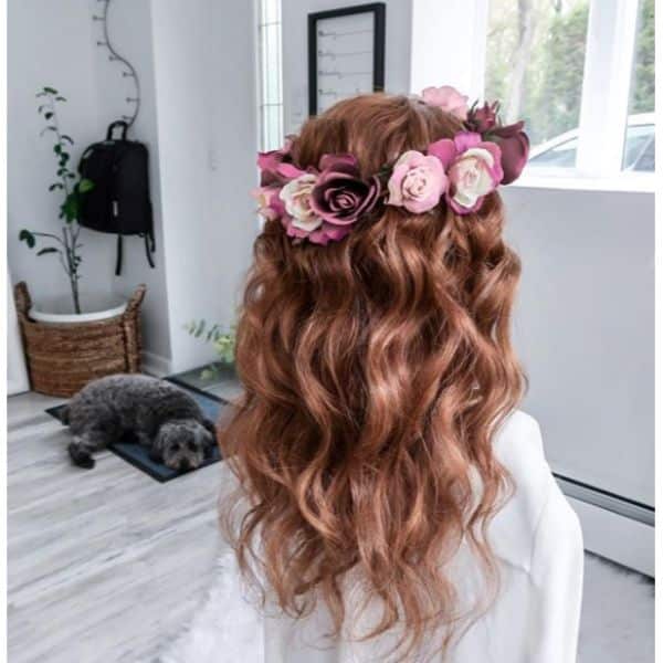 Beach Waves and Flower Crown Updo for Medium Hair