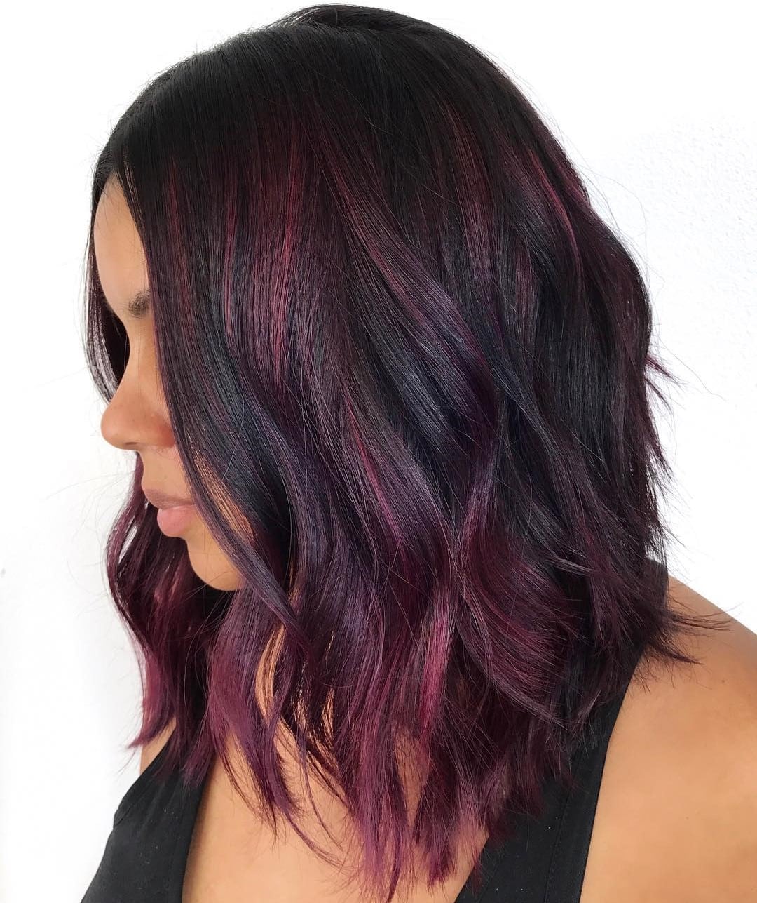 Beachy Black Lob with Burgundy Highlights