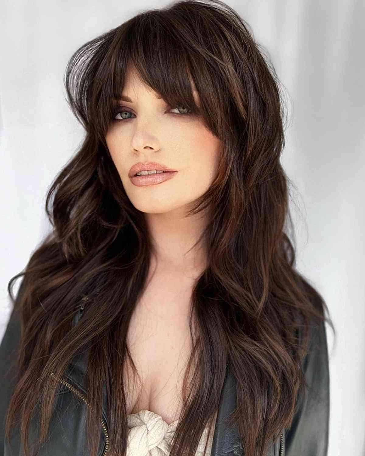 Beautiful Long Brunette Shag with Soft Bangs