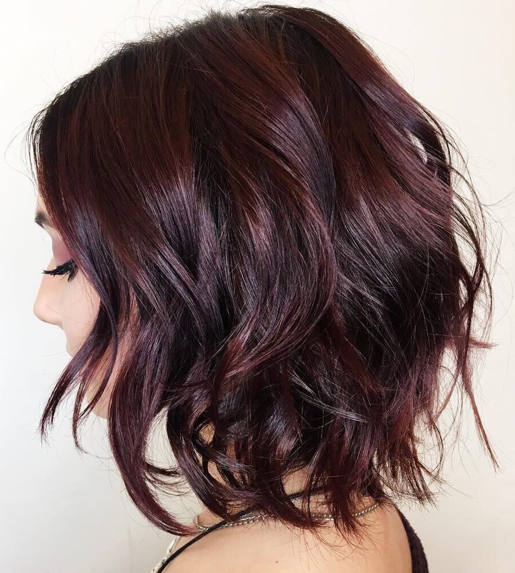 Beautiful Shaggy Bob in Brown and Burgundy Hair Colors