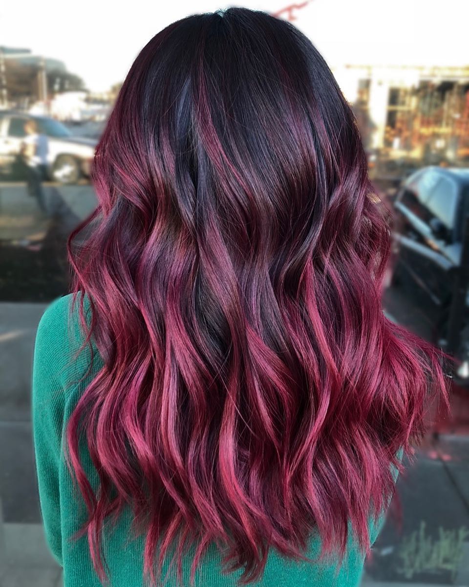 Black Hair with Blackberry Burgundy Balayage