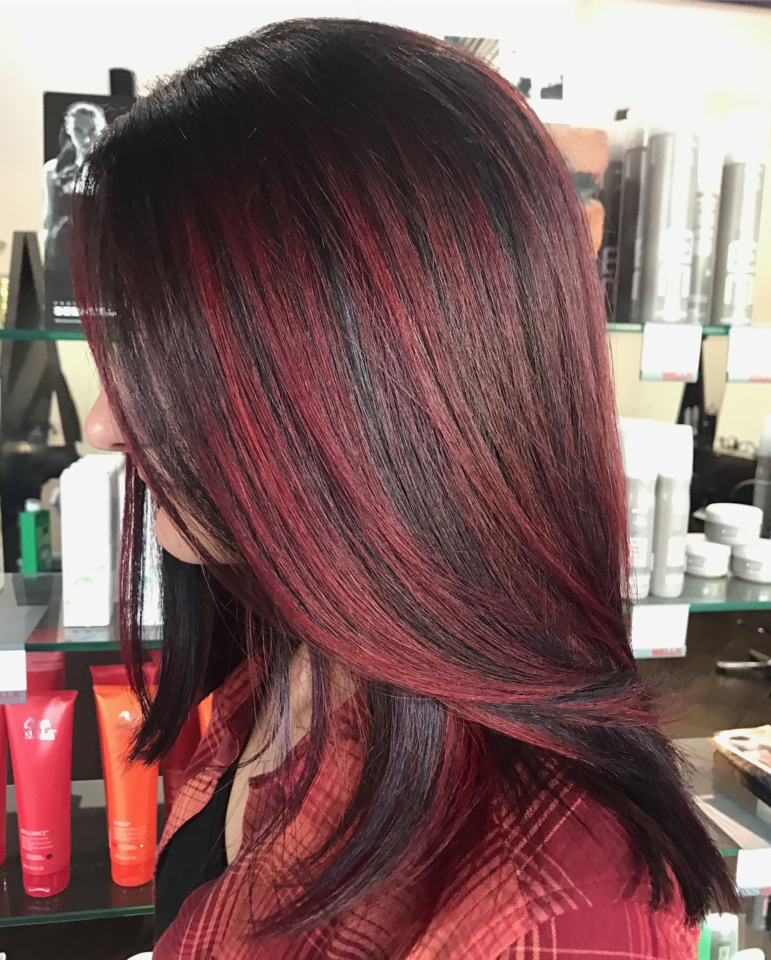 Black Hair with Burgundy Highlights