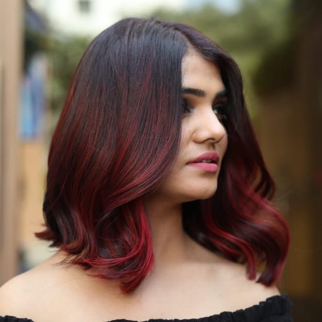 Black Hair with Burgundy Red Balayage