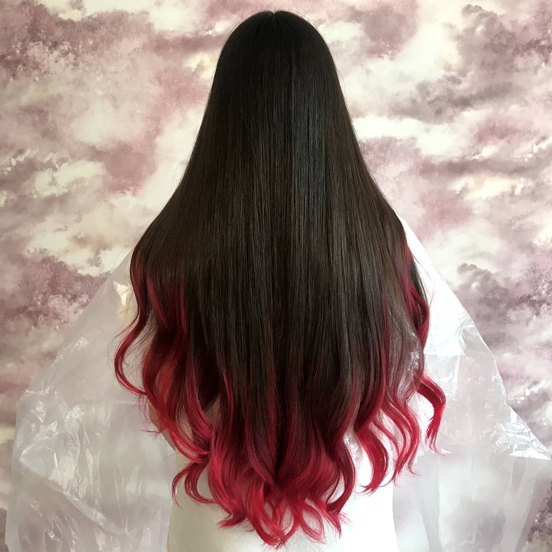 black hair with red dip-dye