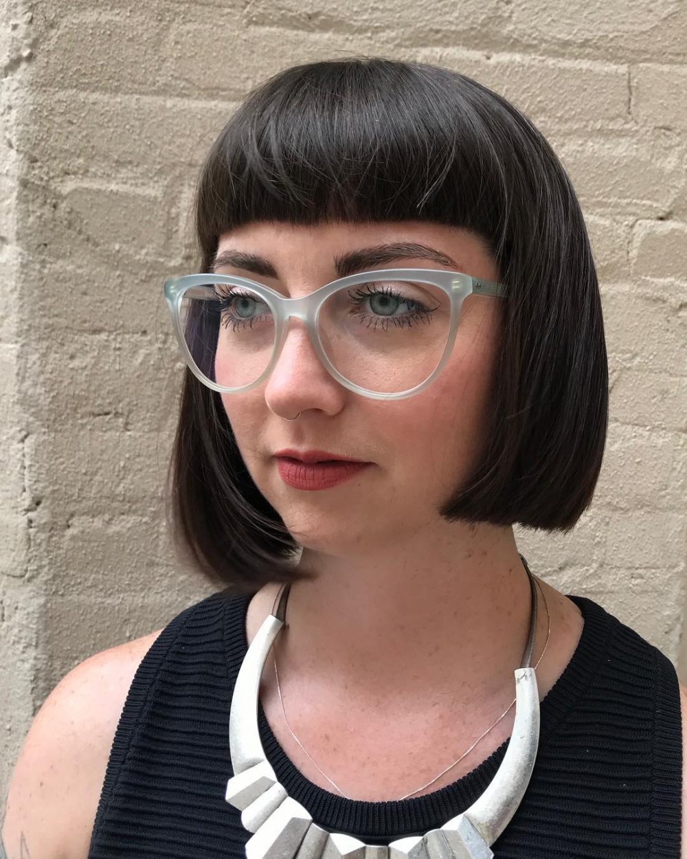 Black medium-length hair perfect with glasses and bangs