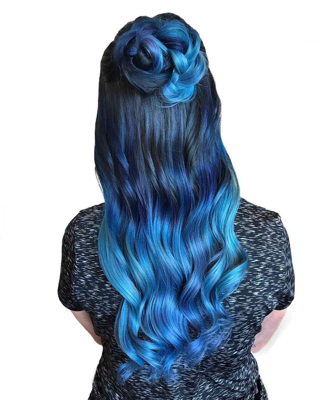 Black to Blue ombre with Braided Top Knot