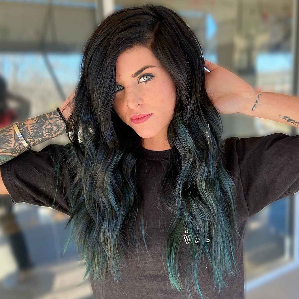 black to emerald green long ombre hair
