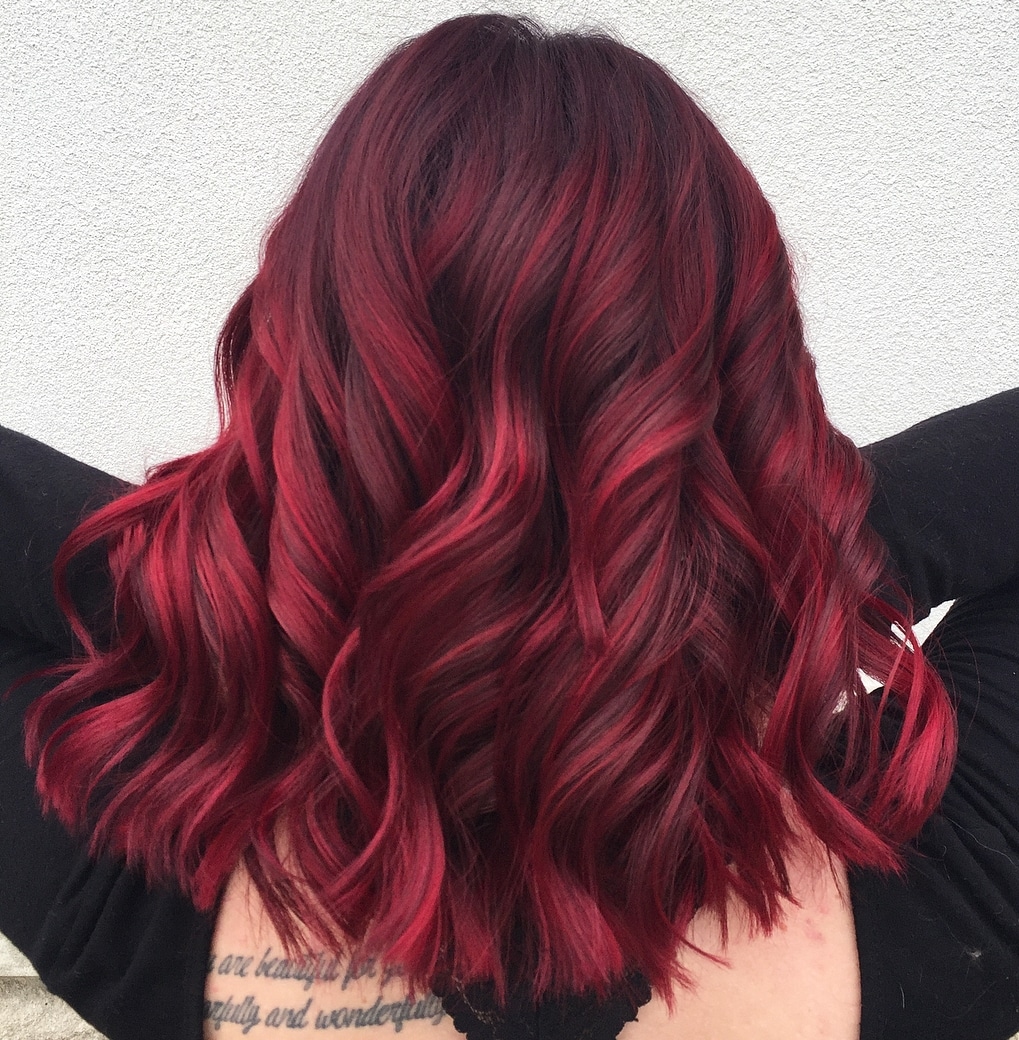 Bright Burgundy Balayage for Thick Hair