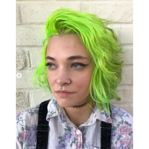Bright Neon Green Asymmetric Curly Bob Hairstyle