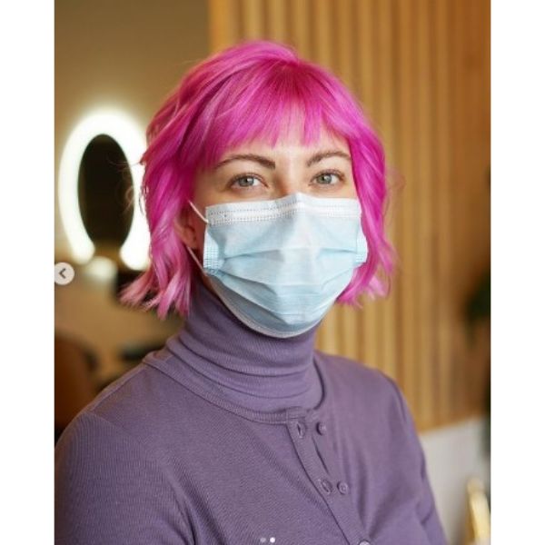 Bright Pink Bob With Soft Waves And Fringe
