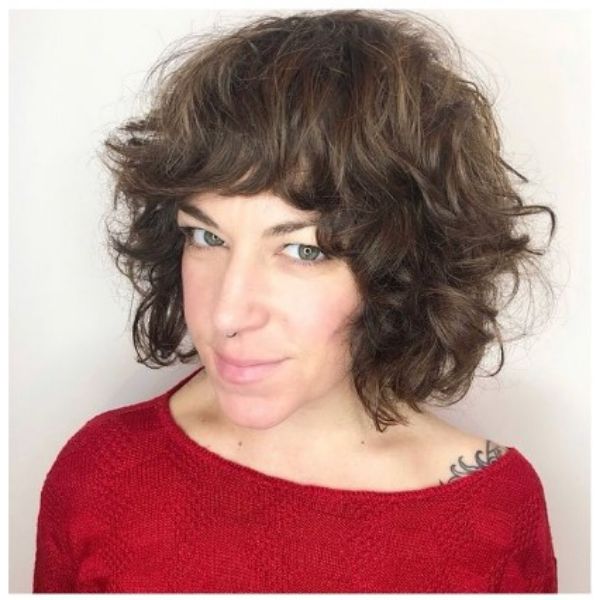 Brown Curly Bob With Heavy Bangs Hair